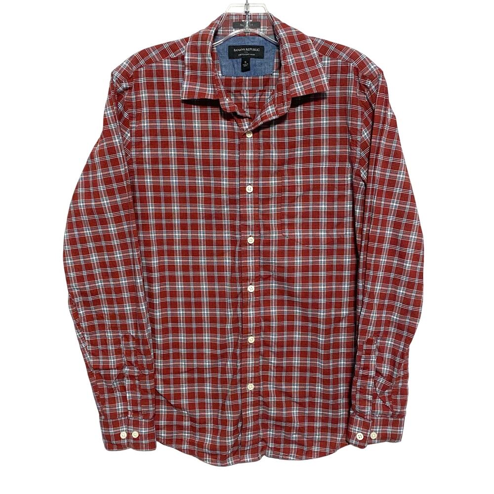Banana Republic Red Plaid Slim Fit Button Shirt Mens S Stretch Soft Wash Classic